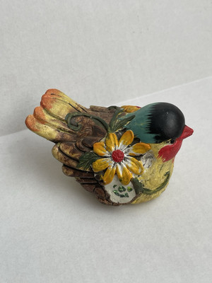Pretty Sitting Bird Sculpture Painted Flower Adorned Cement Plaster In & Outdoor