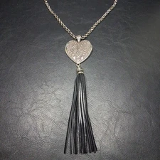 BRIGHTON Necklace Heart Pendent Whit Black Leather Tassel Silver Tone. 16.293