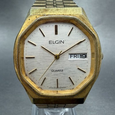 Elgin Watch Men 34mm Silver Dial Gold Tone Daydate Round New Battery Vintage