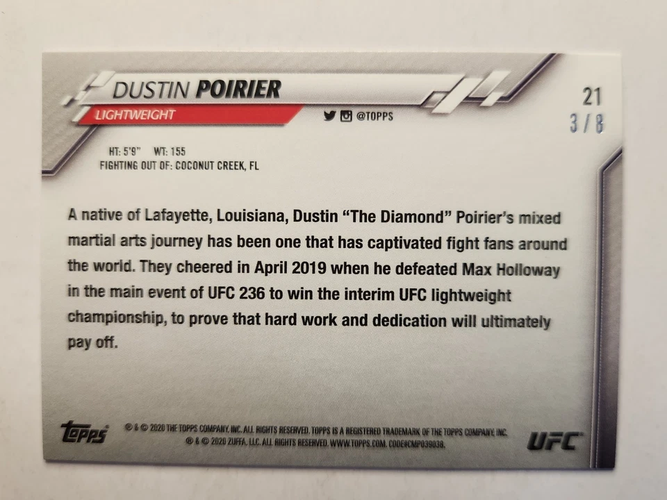 2020 Topps UFC #21 DUSTIN POIRIER RUBY RED PARALLEL  /8 - Image 2 of 2