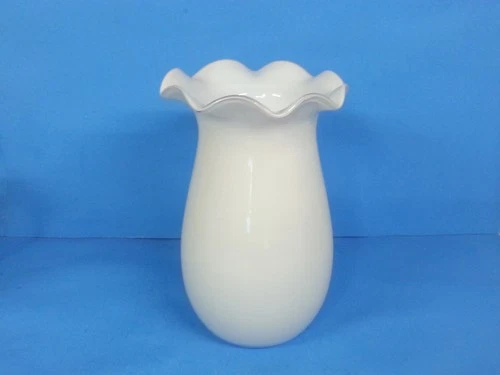 Vintage MCM Fenton Style Blown Glass White Bud Vase Ruffled Silver Rim 10.5 x 6"