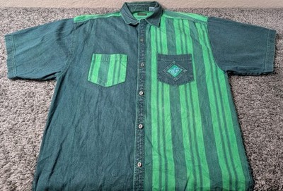 Vintage Paco Shirt Men's L Green Stripe Button Up Denim Short Sleeve