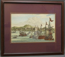 Altcolorierter Kupferstich Seeschlacht  San Francisco de Campeche  36x 23 cm