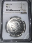1924 Silver Peace Dollar NGC MS62