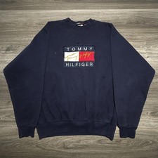 Vintage Tommy Hilfiger Sweatshirt Mens XL Navy Flag Logo Fleece Crewneck 90s