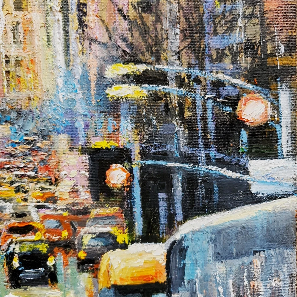 YARY DLUHOS New York City Street NYC Traffic People Lights Original Oil Painting - Image 3 of 4