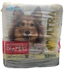 Paw Inspired Disposable Dog Diapers |  32 COUNT Ultra Protection Size M Sealed