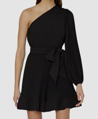 milly one shoulder dress Mariah Satin Pleated Dress in Black