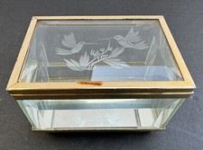 Vintage Mirrored Footed Brass Tone Etched Bird Beveled Glass Trinket Jewelry Box