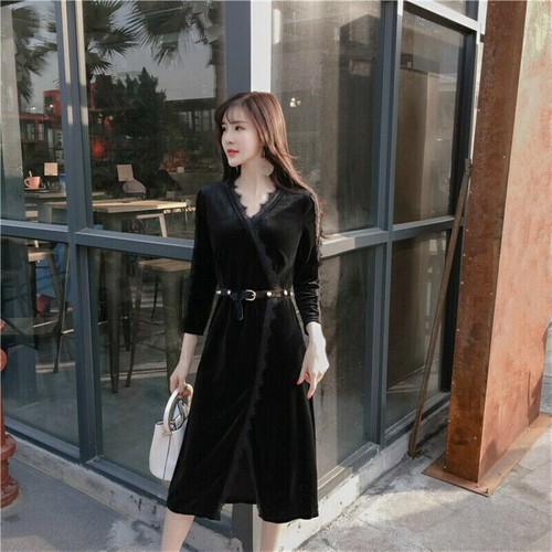 Lady Velvet Dress Lace Retro Knee 