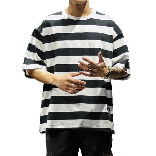 Oversized T Shirt - O Neck Short Sleeve Striped Men's Casual Streetwear Tees - Picture 3 of 18