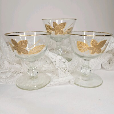 LIBBEY Gold Leaves & Trim Sherbet/Champagne Stemmed Glasses Set Of 3 A33