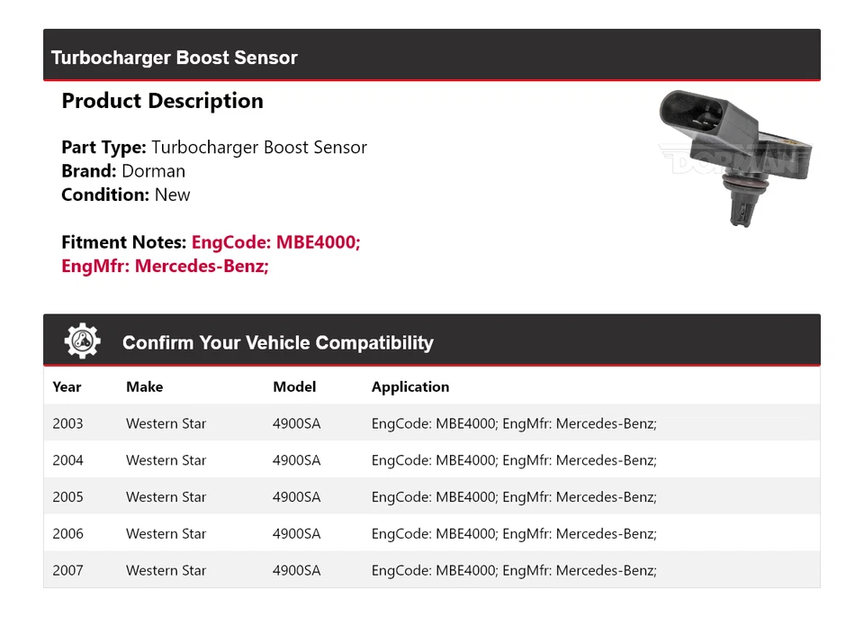 Sensor de refuerzo turbocompresor Dorman Western Star 4900SA 2003-2007 2004 2005 Foto 2 de 4