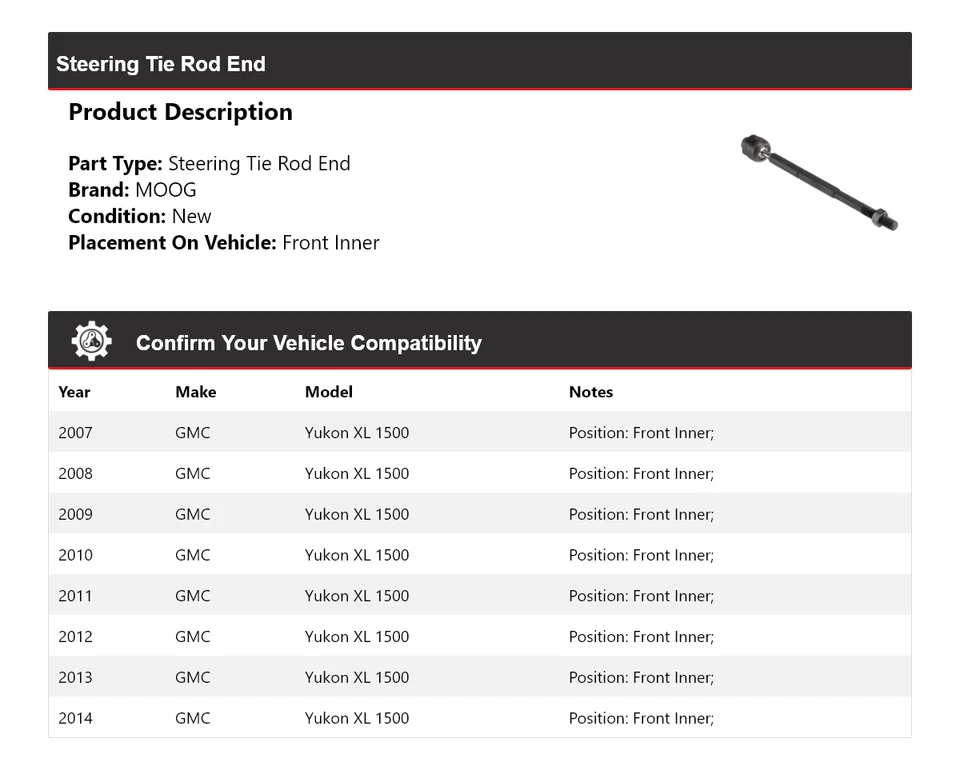 Para GMC Yukon XL 1500 2007-2014 extremo de barra de dirección interior delantero MOOG 2007 2008 Foto 2 de 4