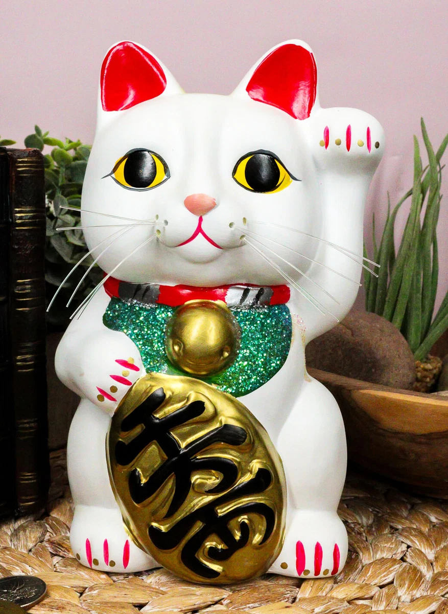 Japanese Lucky Charm White Beckoning Cat Maneki Neko Money Bank