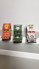 Vtg Tin Litho Friction Military M.P. /Army/Fire Dept. Jeep  Lot of 3 
