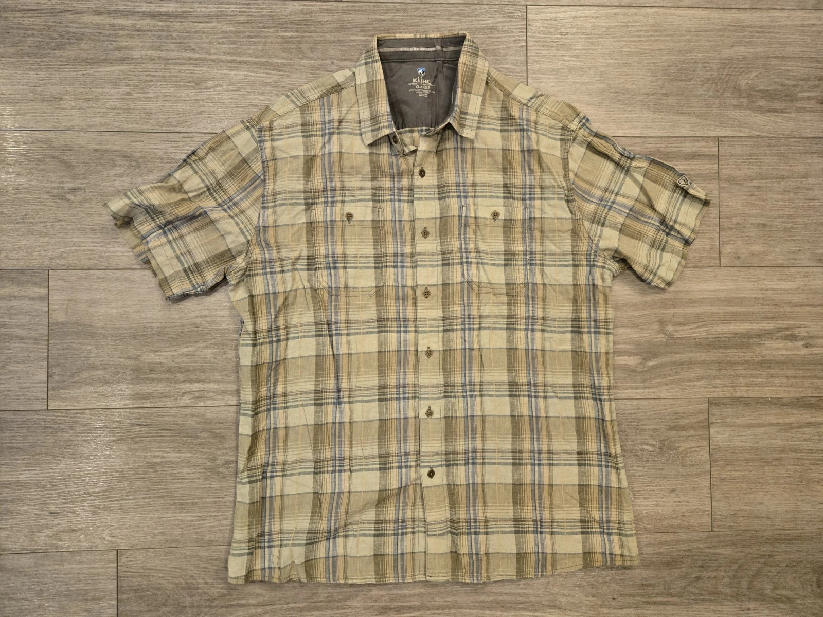 Kuhl Skorpio Linen Blend Plaid Shirt Men's XL Outdoor Hiking Short Sleeve EUC