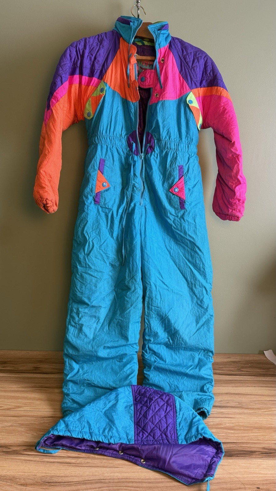 Vtg Teal Neon Ski Suit, Coveralls, One Piece Snowsuit Outer Stuff Girls