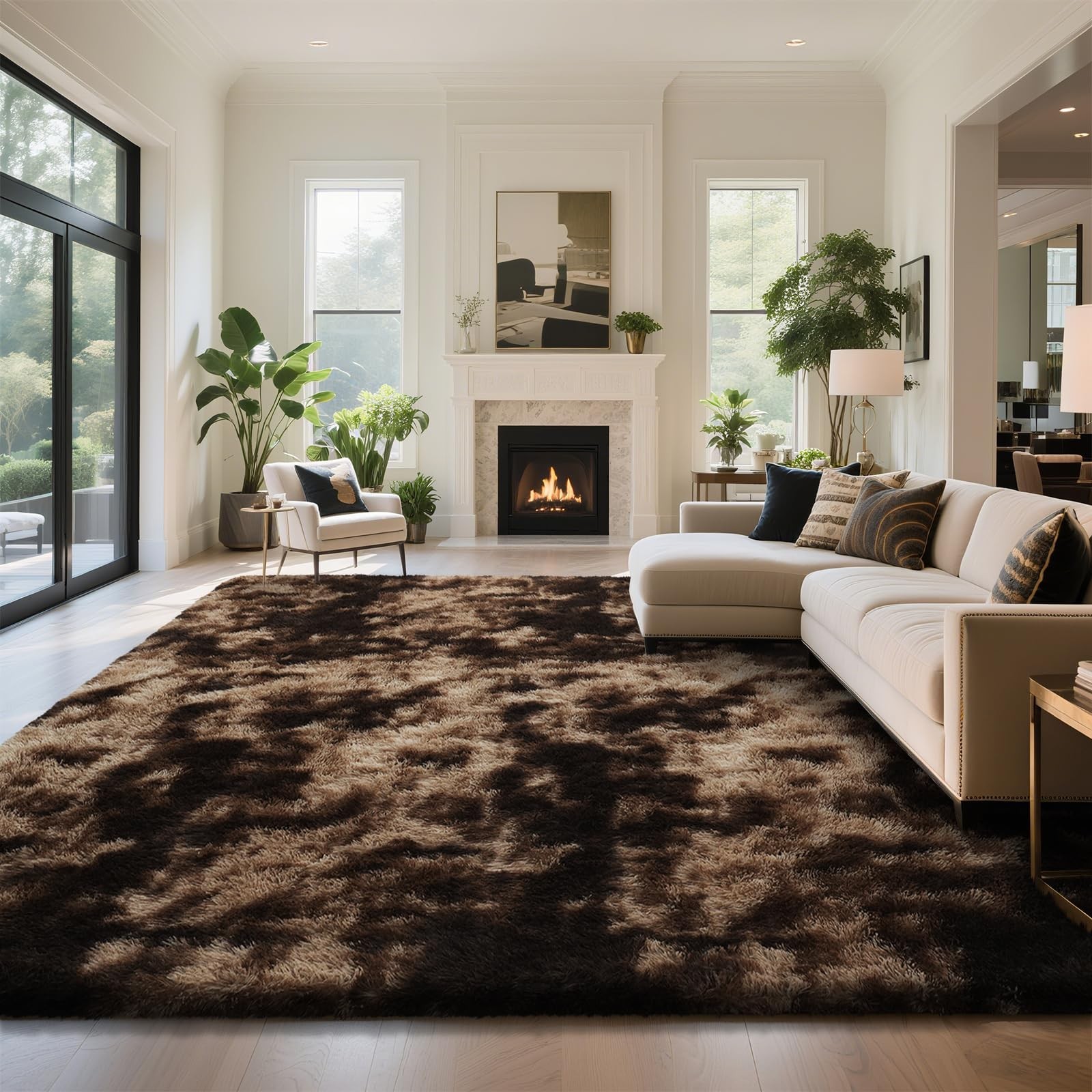 Fluffy Rug Shaggy Area Rug, Mottling Brown 6x9 Area Rugs for Living Room, Lar...