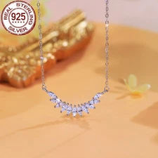 CZ Women Marquise Leaf Tennis Pendant Necklace Solid 925 Sterling Silver Jewelry