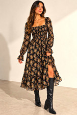 ASTR The Label Black/Cream Floral Square Neck Puff Sleeve Midi Dress S