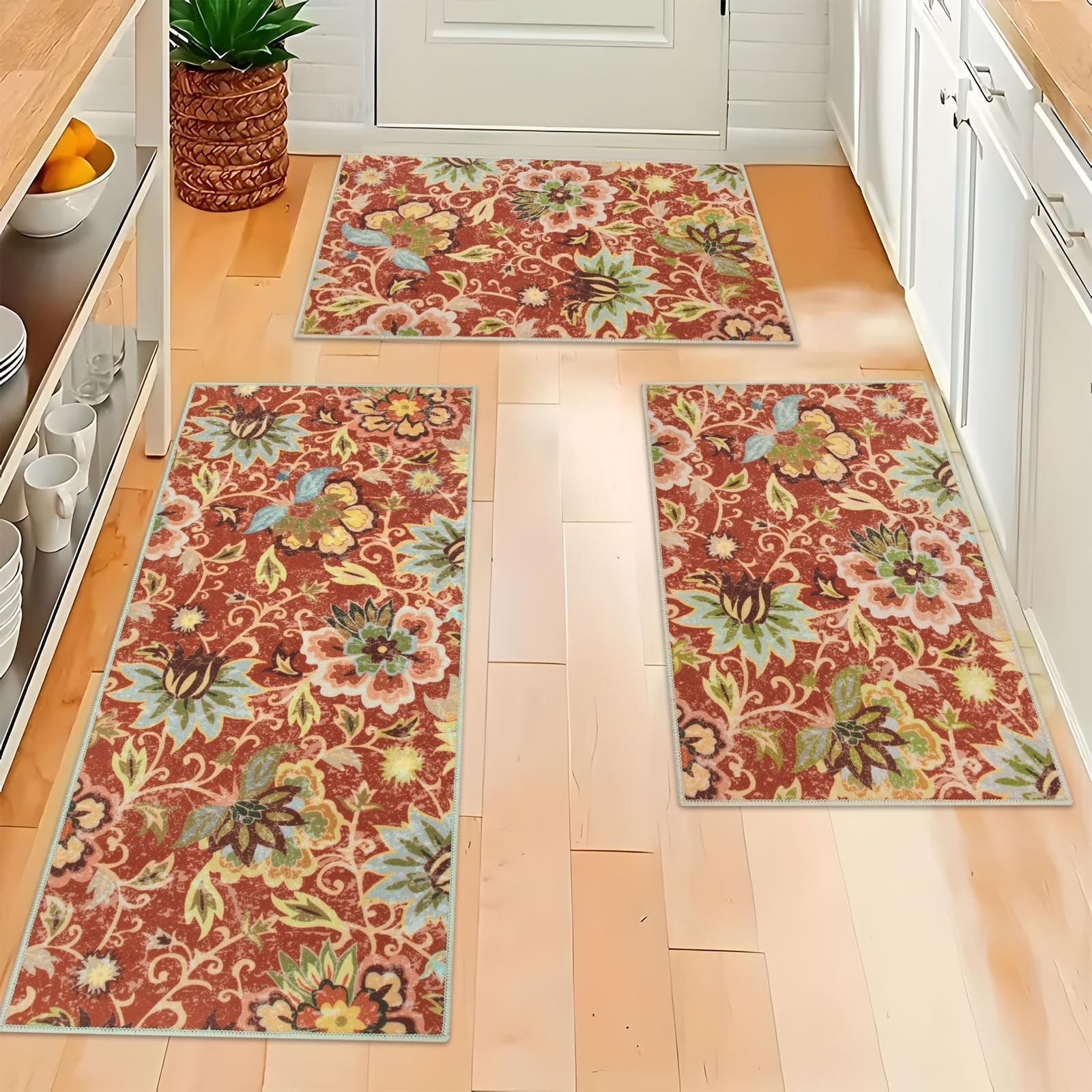 Kitchen Mats 3 Piece Set Boho Kitchen Rugs and Mats Non Slip Washable Floral ...