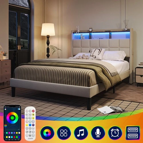 Polsterbett Doppelbett 140x200 cm Bett Bettgestell mit LED Licht /USB Lattenrost - Bild 25 von 40