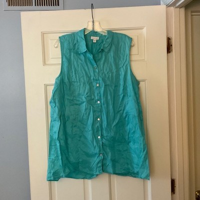 J. Jill Love Linen Sleeveless Button Down Tank Top Teal Blue L Coastal Vacation