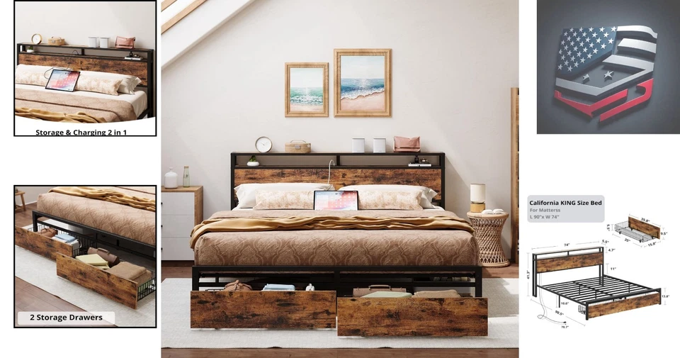 Cama Plataforma King California Marrón De Colección - Fácil Montaje, No Necesita Somier Foto 2 de 4