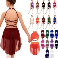 Girls Kids Lyrical Modern Dance Performance Rhinestone Backless Leotard Dress