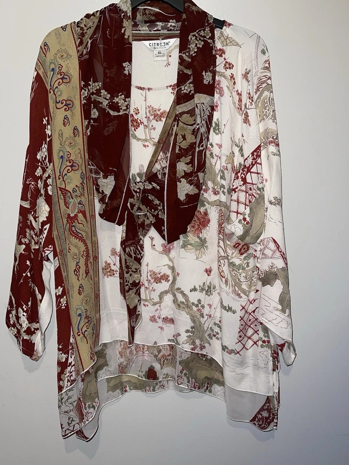 Túnica Citron Santa Monica 100% seda inspiração asiática quimono em camadas tamanho GG - Imagem 2 de 4