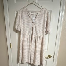 LOFT Striped Button Knee Length Dress V-Neck White Pink Blue M Short Sleeve