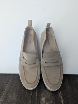 Suede Loafers Vionic Uptown Size 10 Ivory Beige Leather Comfort Flats Preppy