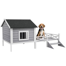 PawHut Wooden Dog House w/ Porch, Water-resistant Roof, for S M Dogs, Grey