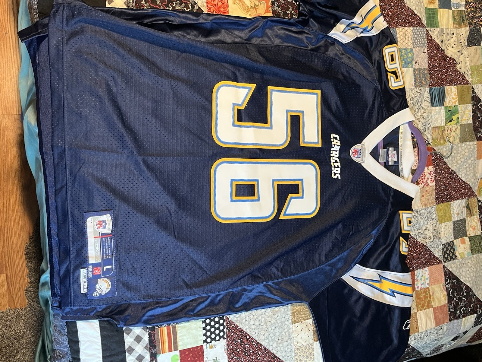 Two San Diego Chargers Shawne Merriman #56 NFL Blue Jerseys Size L / G Reebok thumbnail 9