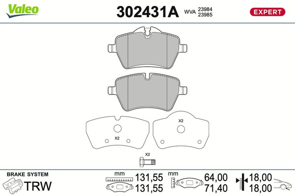 Bremsbelagsatz Scheibenbremse Expert Valeo 302431A FüR Mini Countryman R60 R61-image