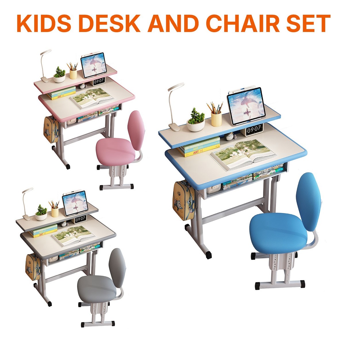 Kids Children Desk and Chair Set Study Table Height Adjustable Blue Pink Grey