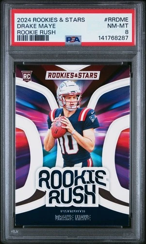 141768287 Drake Maye 2024 Panini Rookies & Stars #RR-DME Rookie Rush RC PSA 8
