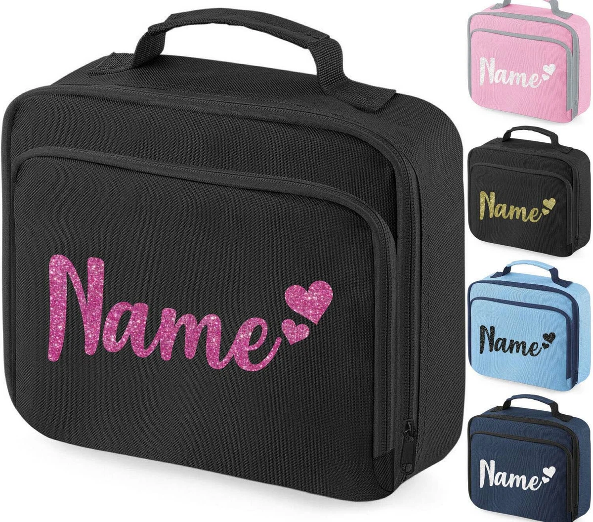 Personalised Girls Lunch Bag Childrens School Insulated Glitter Heart Snack  Box