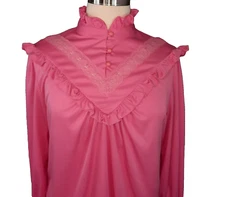 VTG Blouse Size XL Pink High Neck Lace Ruffles Victorian Cottagecore 80s Prairie