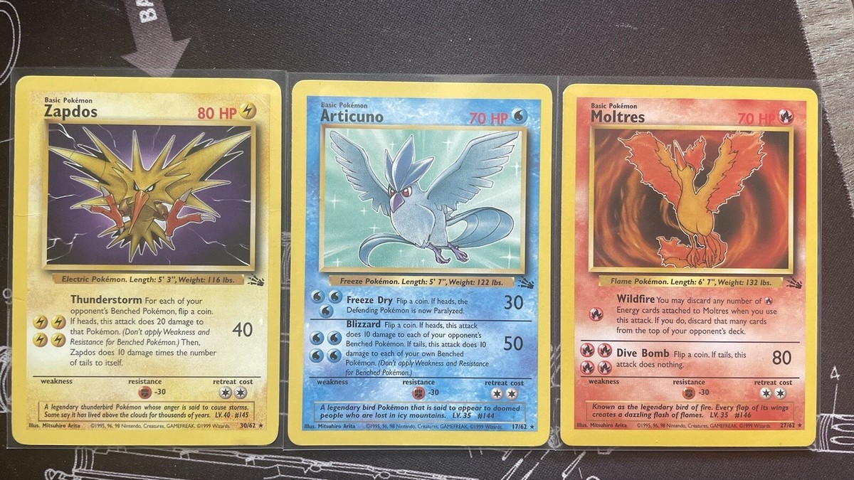 3 Pokemon Cards Legendary Birds Moltres Articuno Zapdos