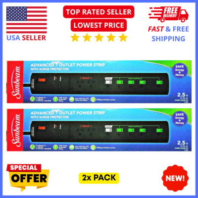 Sunbeam Surge Protector 2-Pack   7-Outlet Power Strip with Safety Features
