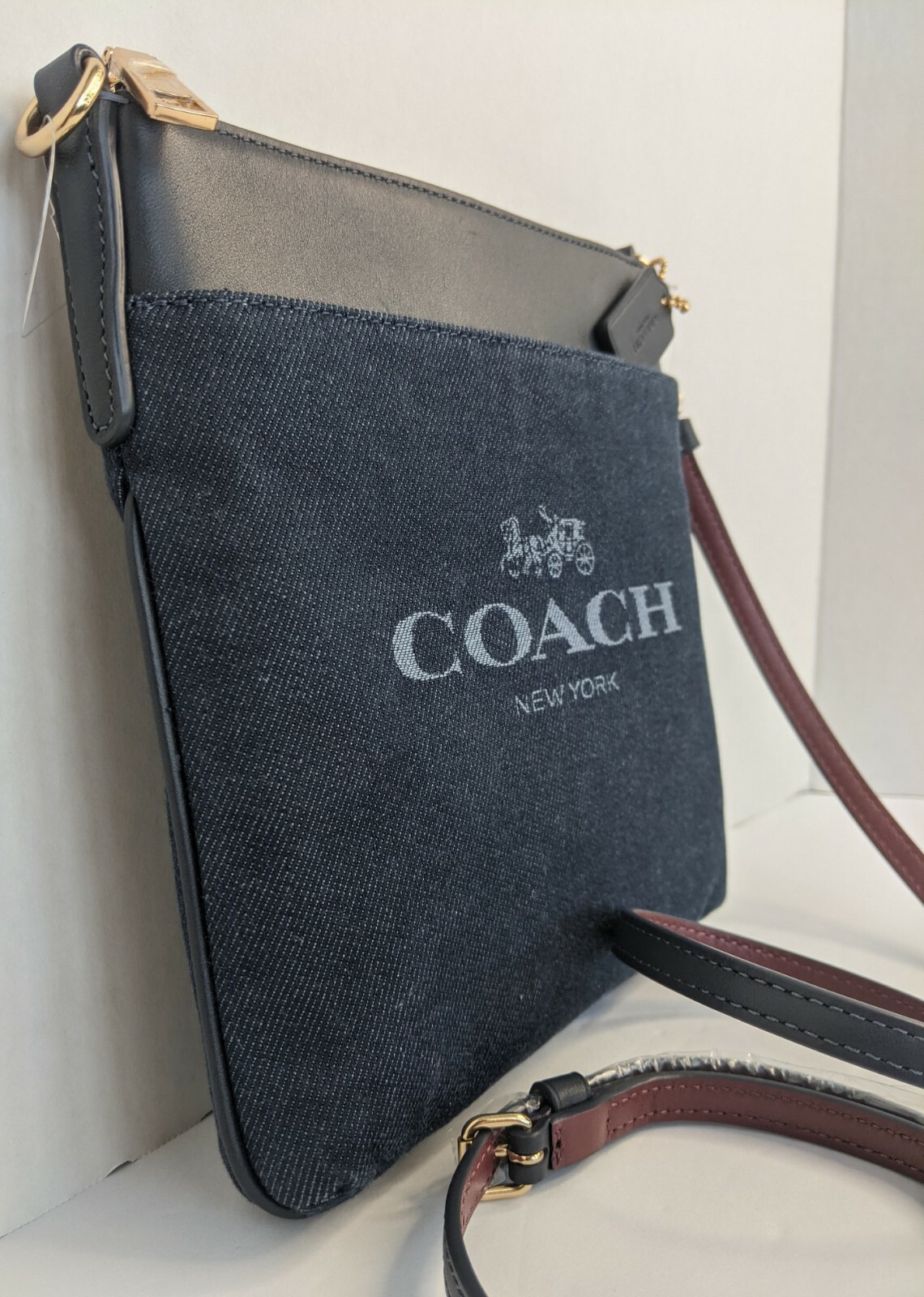 COACH Denim Jacquard Kitt Crossbody Messenger Bag Handbag Leather Navy