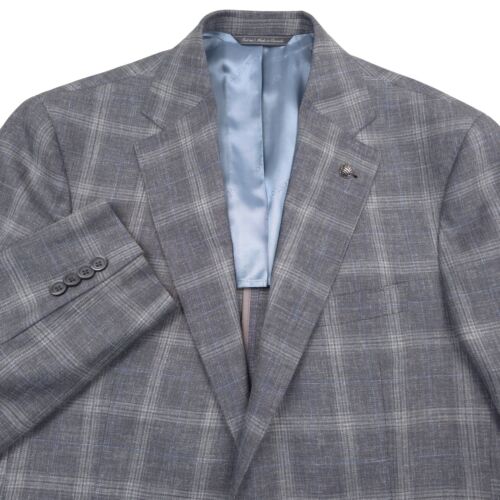 $848 Jack Victor Midland Gray & Blue Plaid Wool Sport Coat Blazer Mens Size 44L