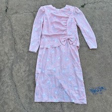 Miss Elliette Vintage Floral Dress Bow Accent Long Sleeve Pink Size 16