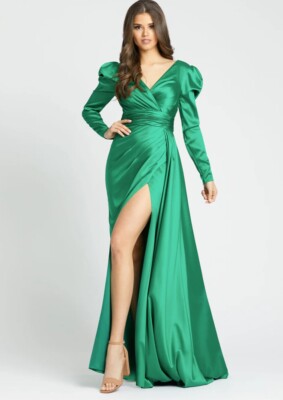 Mac Duggal NEW Emerald Faux Wrap Long Sleeve A-Line Satin Gown Women's Size 10