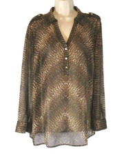 Cache V Neck Sheer Blouse Shirt Animal Print Brown Sz M Long Sleeve Women CB19i