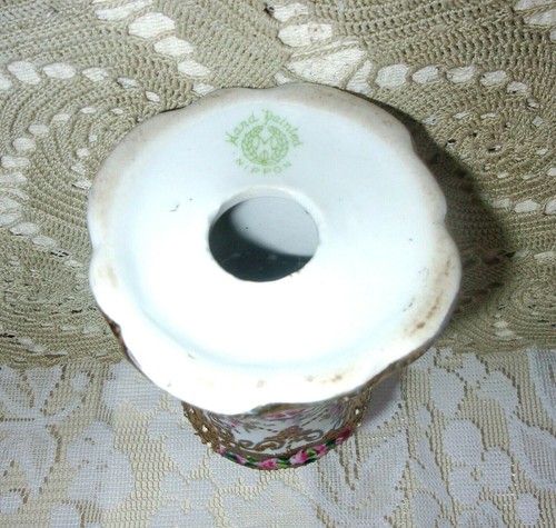 1920's NIPPON Hand Painted Gilded Floral 4 Inch Porcelain Hat Pin Holder - Foto 3 di 3