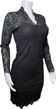 F. Marina  Lace Dress 10 Black Long Sleeve V Neck