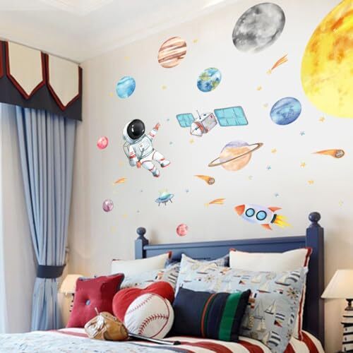 Space Astronaut Spacecraft Wall Decals - Watercolor Solar System Wall Stickers - Picture 6 of 8